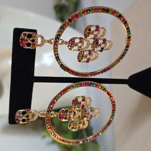 Large Statement Gold Multi Color Hoop Earrings With Skulls - Picture 6 of 8
